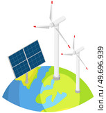 Wind turbines power plant, solar panels station, modern energy-saving construction. Alternative renewable sustainable wind park power generation, green energy, technology of future, green electricity. Wind turbines power plant solar panels station. Alternative renewable power generation, green energy. Стоковая иллюстрация, агентство Ingram Publishing / Фотобанк Лори
