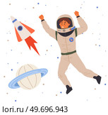 Astronaut travels in intergalactic space. Man on spaceship flies in solar system. Fantastic transport of explorer in space. Spaceman flying among rocket and stars. Sky landscape with celestial objects. Astronaut travels in intergalactic space. Man, spaceman on spaceship flies among rocket and stars. Стоковая иллюстрация, агентство Ingram Publishing / Фотобанк Лори