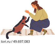 Female pet owner plays with cat. Caring for four-footed friend concept. Kitty and woman friends isolated on white background. Lady spends time with kitten, domestic animal, human companion at home. Female pet owner plays with cat. Happy lady spends time with kitten, domestic animal at home. Стоковая иллюстрация, агентство Ingram Publishing / Фотобанк Лори