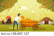 Farmer pushing wheelbarrow full of pumpkins. Agricultural male worker with harvest in autumn garden. Man rancher going with vegetables in cart. Hardworking guy harvesting in farm vector illustration. Farmer pushing wheelbarrow full of pumpkins. Agricultural male worker with harvest in autumn garden. Стоковая иллюстрация, агентство Ingram Publishing / Фотобанк Лори