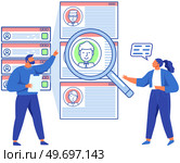 People looking at user profiles in social network. Colleagues with magnifier analyse list of virtual accounts. Program for chatting, mailing or recruitment design. Employees searching for candidates. People look at user profiles in social network. Colleagues with magnifier analyse list of accounts. Стоковая иллюстрация, агентство Ingram Publishing / Фотобанк Лори