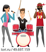 Couple of singers with microphones. Cartoon afro-american male, female vocalists singing in duet isolated characters. Bearded guy, stylish girl enjoying karaoke performance, having fun on stage. Couple of singers with microphones. Cartoon afro-american male, female vocalists singing in duet. Стоковая иллюстрация, агентство Ingram Publishing / Фотобанк Лори