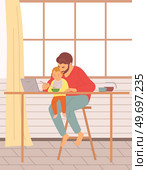 Father feeding his baby son, sitting on chair at table in kitchen room. Holding hands with spoon going to mouth. Dad talks to kid, tells him fairy tale or shows cartoon. Happy family, child care. Father feeding his baby son, sitting at table in kitchen. Holding hands with spoon going to mouth. Стоковая иллюстрация, агентство Ingram Publishing / Фотобанк Лори