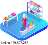 Choosing clothes and accessories in store concept. Female buyer chooses handbag while shopping. Lady customer trying on new clutch bag in shopping mall. Stylish woman in store or fashion boutique. Stylish woman in store or fashion boutique. Female buyer chooses handbag accessory while shopping. Стоковая иллюстрация, агентство Ingram Publishing / Фотобанк Лори