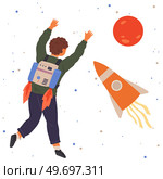 Astronaut travels in intergalactic space. Man on spaceship flies in solar system. Fantastic transport of explorer in space. Spaceman flying among rocket and stars. Sky landscape with celestial objects. Astronaut travels in intergalactic space. Man, spaceman on spaceship flies among rocket and stars. Стоковая иллюстрация, агентство Ingram Publishing / Фотобанк Лори