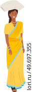 Young beautiful cartoon style Indian woman in traditional clothes isolated on white background. Female character dressed in costume sari stands at full height, keep goods on her head, asian person. Young cartoon style Indian woman in traditional clothes. Female character keep goods on her head. Стоковая иллюстрация, агентство Ingram Publishing / Фотобанк Лори