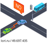 Crossroad street with cars, traffic rules, traffic violation. Intersection with automobiles while driving. Track with road marking and traffic light. Highway, intersecting roads with public transport. Crossroad street with cars and traffic rules. Intersection of roads with automobiles while driving. Стоковая иллюстрация, агентство Ingram Publishing / Фотобанк Лори