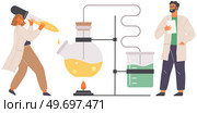 Scientist makes laboratory analysis with reagents and equipment. Idea of education, chemistry, science concept. Biologists conducting experiment chemical research with liquid in flask and pipette. Biologists conducting experiment research with liquid in flask and pipette. Scientist makes analysis. Стоковая иллюстрация, агентство Ingram Publishing / Фотобанк Лори