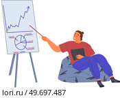 Man showing business diagram on presentation board. Guy points to bar chart graphic report on flipchart. Business statistics and data analysis concept. Businessman works with statistical indicators. Guy points to bar chart graphic report on flipchart. Man showing statistical indicators, diagram. Стоковая иллюстрация, агентство Ingram Publishing / Фотобанк Лори