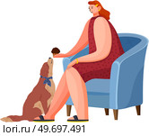 Pet owner female character plays with cute dog feed him cake at home. Caring for four-footed friend cute corgi. Doggy and happy woman friends isolated on white. Fun domestic animal, human companion. Pet owner female character plays with cute dog feed him cake. Caring for four-footed friend. Стоковая иллюстрация, агентство Ingram Publishing / Фотобанк Лори