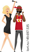 Couple of singers with microphones. Cartoon afro-american male, female vocalists singing in duet isolated characters. Bearded guy, stylish girl enjoying karaoke performance, having fun on stage. Couple of singers with microphones. Cartoon afro-american male, female vocalists singing in duet. Стоковая иллюстрация, агентство Ingram Publishing / Фотобанк Лори
