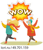 Happy children with hands up wearing winter clothes having fun. Winter fun, playing, outdoor activity and holidays concept. People cheer and shout wow. Kids near conversation phrase in form of sticker. Happy children with hands up wearing winter clothes having fun. People cheer and shout wow. Стоковая иллюстрация, агентство Ingram Publishing / Фотобанк Лори