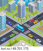 Crossroad street of downtown in city. Intersection with cars while driving in urban landscape. Track with road marking and traffic. Highway, intersecting roads with passenger and public transport. Highway, intersecting roads with passenger and public transport. Crossroad street with city traffic. Стоковая иллюстрация, агентство Ingram Publishing / Фотобанк Лори