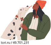 Male pet owner plays with dalmatian dog. Caring for four-footed friend concept. Doggy and happy african man friends isolated on white background. Puppy, domestic animal, human companion with guy. Male pet owner plays with dalmatian dog. Puppy, domestic animal, human companion with guy. Стоковая иллюстрация, агентство Ingram Publishing / Фотобанк Лори