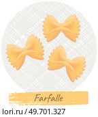 Italian national cuisine cafe banner. Design for store ad, restaurant menu, dinner logo. Italian pasta inscription and farfalle macaroni, noodles on vintage retro napkin. Pasta, traditional dish. Italian pasta national cuisine cafe banner. Design for store ad, restaurant menu, dinner vintage logo. Стоковая иллюстрация, агентство Ingram Publishing / Фотобанк Лори