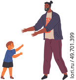 Cheerful smiling laughing father and son walking together, man talking to little boy. Child stretched out his hands forward asks dad to take him in arms. Happy family child care and parenting. Cheerful smiling laughing father and son walking together, man talking to little boy, child care. Стоковая иллюстрация, агентство Ingram Publishing / Фотобанк Лори