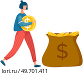 Successful business woman carry gold coins to safe. Rich businesswoman making investment, financial profit salary wealth, increasing capital. Passive and active income. Character with money cash. Successful business woman carry gold coins to safe. Passive and active income. Girl with money cash. Стоковая иллюстрация, агентство Ingram Publishing / Фотобанк Лори