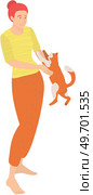 Female pet owner plays with cat. Caring for four-footed friend concept. Happy woman holding cute kitty friend isolated on white background. Kitten, domestic animal, human companion with lady. Female pet owner plays with ginger cat. Happy woman holding cute kitty friend, domestic animal. Стоковая иллюстрация, агентство Ingram Publishing / Фотобанк Лори