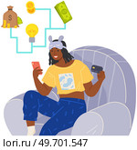Fund raising poster with scheme of capital increase. Light bulb as symbol of idea and financial strategy. Woman studies investment and business. Girl with smartphone analyzes structure of income. Fund raising scheme of capital increase. Woman with smartphone studies investment and business. Стоковая иллюстрация, агентство Ingram Publishing / Фотобанк Лори