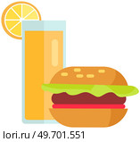 Unhealthy nutrition, fat eating, cheeseburger and juice overweight concept. Products for design fast food menu. Fastfood meals vector illustration. Hamburger with lemonade. Burger, fizzy drink. Unhealthy nutrition, fat eating, cheeseburger and juice, overweight. Products for d fast food menu. Стоковая иллюстрация, агентство Ingram Publishing / Фотобанк Лори