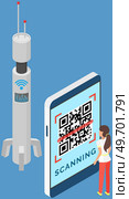 QR wireless payment. Woman stands with smartphone and scanning barcode. Mobile application for digital transferring money. Person pays by quick response code app. Vector contactless transaction. QR wireless payment. Woman stands with smartphone and scanning barcode, contactless transaction. Стоковая иллюстрация, агентство Ingram Publishing / Фотобанк Лори