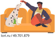 Pet owner sitting on sofa and playing with dog. Caring for animals, joint pastime with pets concept. Happy guy with puppy, domestic animal companion on couch. Male character training dalmatain at home. Pet owner sitting on sofa and playing with dog. Male character training dalmatain at home. Стоковая иллюстрация, агентство Ingram Publishing / Фотобанк Лори