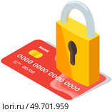 Protection of banking data of users of financial system, personal data of client. Padlock is on bank card. DDoS attack on credit card. Virus, hacker attack. Fraud, theft of money from bank account. Protection of banking data of users of financial system, personal data. Padlock is on bank card. Стоковая иллюстрация, агентство Ingram Publishing / Фотобанк Лори