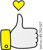 Hand showing symbol. Making thumb up gesture. Hand vector icon with small yellow heart isolated on white. Ok gesturing agreement expression. Expression of approval and positive emotions. Hand showing symbol. Making thumb up gesture. Hand vector icon with small yellow heart. Стоковая иллюстрация, агентство Ingram Publishing / Фотобанк Лори