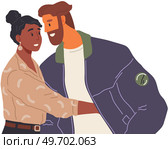Young man and woman friends or couple meeting together, greeting each other, embracing. Happy multiethnic persons cartoon characters hugging. Friendship, relationship, acceptance isolated people. Young man and woman friends or couple meeting together, greeting each other, embracing people. Стоковая иллюстрация, агентство Ingram Publishing / Фотобанк Лори