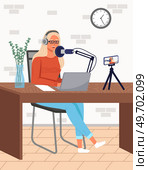 Podcaster woman character in office room interior. Girl with headphone listening audio podcast and speaking at live streaming use smartphone and laptop. Podcaster making, blogger, technology concept. Podcaster woman character in office room interior. Girl with headphone listening audio podcast. Стоковая иллюстрация, агентство Ingram Publishing / Фотобанк Лори