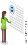 Woman surfing internet, interacting in social media with avatar profile, examines personal worksheet of candidate. Paper sheet with head symbol of male character in web forums, messengers, blogs. Woman surfing internet, interacting in social media with avatar profile, examines personal worksheet. Стоковая иллюстрация, агентство Ingram Publishing / Фотобанк Лори