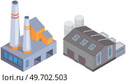 Plant or industrial factory building. Costruction with window facade pipeline on roof. Manufacturing factory premice. Elevator or granary, processing industry, production room isolated on white. Plant or industrial factory building. Manufacturing premice. Elevator or granary processing industry. Стоковая иллюстрация, агентство Ingram Publishing / Фотобанк Лори