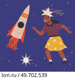 Astronaut woman with jet backpack flying among planets and rockets. Lady dressed as spaceman dreams about space. Girl with self made jetpack flying to sky. Person in costume of space explorer. Astronaut woman with jet backpack flying among planets. Lady dressed as spaceman dreams about space. Стоковая иллюстрация, агентство Ingram Publishing / Фотобанк Лори