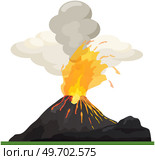 Strong jet of effluent hot lava, white clouds over top. Erupting rock pinnacle volcano disaster with burning fire. Volcanic eruption mountain with magma. Volcano with lava vector illustration. Volcano disaster with burning fire. Volcanic eruption mountain with magma, strong jet of hot lava. Стоковая иллюстрация, агентство Ingram Publishing / Фотобанк Лори