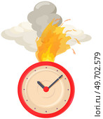 Burning clock isolated on white background. Few minutes left until end of term. Clock shows remaining time. Watch with arrows burning on fire with smoke. Lack of time and deadline at work concept. Burning clock shows remaining time, deadline at work. Watch with arrows on fire with smoke. Стоковая иллюстрация, агентство Ingram Publishing / Фотобанк Лори
