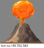 Volcanic eruption stages set. Steaming volcano, hot burning magma approach, splash and spreading of lava. Vulcanology, geology, study of seismic activity concept. Erupting rock pinnacle volcano. Volcanic eruption stages set. Steaming volcano, burning magma approach, splash and spreading of lava. Стоковая иллюстрация, агентство Ingram Publishing / Фотобанк Лори