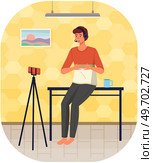 Phone on tripod. People broadcasting, stream on smartphone. Live streaming. Video blog recording, male blogger using mobile and tripod stand. Illustration of making videos for social media publishing. Phone on tripod. People broadcasting, video blog recording, stream on smartphone. Live streaming. Стоковая иллюстрация, агентство Ingram Publishing / Фотобанк Лори
