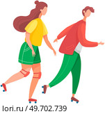 Boy and girl rollerblading. People ride rollerblades together. Summer sports. Girl sliding roller skates on asphalt. Extreme hobby and outdoor recreation. Type of active leisure, teenage couple. Boy and girl rollerblading. People ride rollerblades together. Summer sports. Extreme hobby. Стоковая иллюстрация, агентство Ingram Publishing / Фотобанк Лори