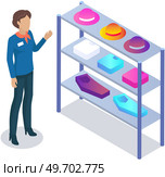 Woman choosing clothes in store with consultant. Shop assistant helps buyer to try on hat during shopping. Customer service in mall. People stand near shelves with clothes in store or boutique. Woman choosing clothes in store with consultant. Shop assistant helps buyer to choose hat in mall. Стоковая иллюстрация, агентство Ingram Publishing / Фотобанк Лори