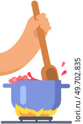 Chef with spoon and soup pot on stove. Person preparing dish, tasting meal, working with kitchen equipment to prepare food. Character mixes ingredients of hot dish. Hand cooking soup or sauce. Person preparing meal. Character mixes ingredients of hot dish. Hand cooking soup or sauce. Стоковая иллюстрация, агентство Ingram Publishing / Фотобанк Лори