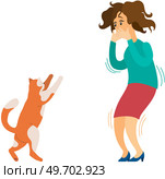 Young woman character scared of red cat. Girl believe in bad omen or afraid of animal with claws. Female character was frightened and clutched her face with hands. Ailurophobia obsessive fear of cats. Young woman character scared of red cat. Girl believe in bad omen or afraid of an animal with claws. Стоковая иллюстрация, агентство Ingram Publishing / Фотобанк Лори