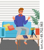 Podcaster making, blogger, technology concept. Young smiling man cartoon character sitting recording podcast on his smartphone. Person talking to friend with video call, study online with phone. Podcaster making, blogger, technology concept. Young man cartoon character sitting recording podcast. Стоковая иллюстрация, агентство Ingram Publishing / Фотобанк Лори