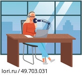 Podcaster woman character in office room interior. Girl listening audio podcast and speaking at live streaming use smartphone and laptop on her vlog. Podcaster making, blogger, technology concept. Podcaster woman character in office room interior. Girl listening audio podcast. Стоковая иллюстрация, агентство Ingram Publishing / Фотобанк Лори
