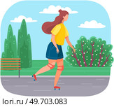 Roller skating girl. Young woman roller skates in summer city park, rollerblading teenager active lifestyle, trendy leisure time outdoors, female character in colorful clothes, extreme sport in park. Roller skating girl. Young woman roller skates in city park, rollerblading teenager active lifestyle. Стоковая иллюстрация, агентство Ingram Publishing / Фотобанк Лори