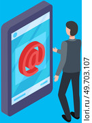 Email symbol on smartphone screen. App for chatting and mailing. Program for online communication via Internet. Virtual mailbox with digital email icon on display. Phone application with mail. Man interacts with virtual mailbox with digital email icon on display. App for chatting and mailing. Стоковая иллюстрация, агентство Ingram Publishing / Фотобанк Лори
