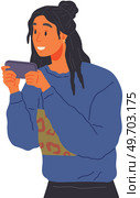 Woman using her phone. Concept of sharing news, refer friends online. Girl holding mobile gadget with icons on screen. Person forwards messages to friends or colleagues. Smartphone addiction. Woman using her phone. Concept of sharing news, refer friends online. Girl holding smartphone. Стоковая иллюстрация, агентство Ingram Publishing / Фотобанк Лори