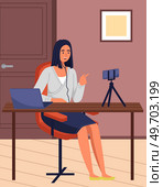 Podcaster woman character in office room interior. Girl listening audio podcast and speaking at live streaming use smartphone and laptop on her vlog. Podcaster making, blogger, technology concept. Podcaster woman character in office room interior. Girl listening audio podcast. Стоковая иллюстрация, агентство Ingram Publishing / Фотобанк Лори
