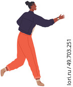 Young woman going somewhere isolated on white. Female person walking and making hand gestures late for event and tries to gain it on hurrying. Vector illustration of lateness person in movement. Young woman going somewhere isolated on white. Female person walking and making hand gestures. Стоковая иллюстрация, агентство Ingram Publishing / Фотобанк Лори