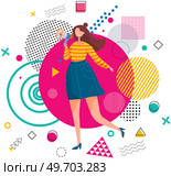 Girl marketer speak into loudspeaker. Employee, new people search concept, personnel selection, hr recruitment. Talent show, skill training, job invitation. Protest, activism announcement, speech. Girl marketer speaks into loudspeaker. Employee, new people search concept, personnel selection. Стоковая иллюстрация, агентство Ingram Publishing / Фотобанк Лори