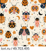 Seamless pattern with cute bugs, beetles, moth and insects, with floral elements, hearts and dots. Colorful hand drawn vector illustration. Стоковая иллюстрация, агентство Ingram Publishing / Фотобанк Лори